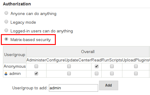 Configure Global Security - Enable Security - Matrix authorization