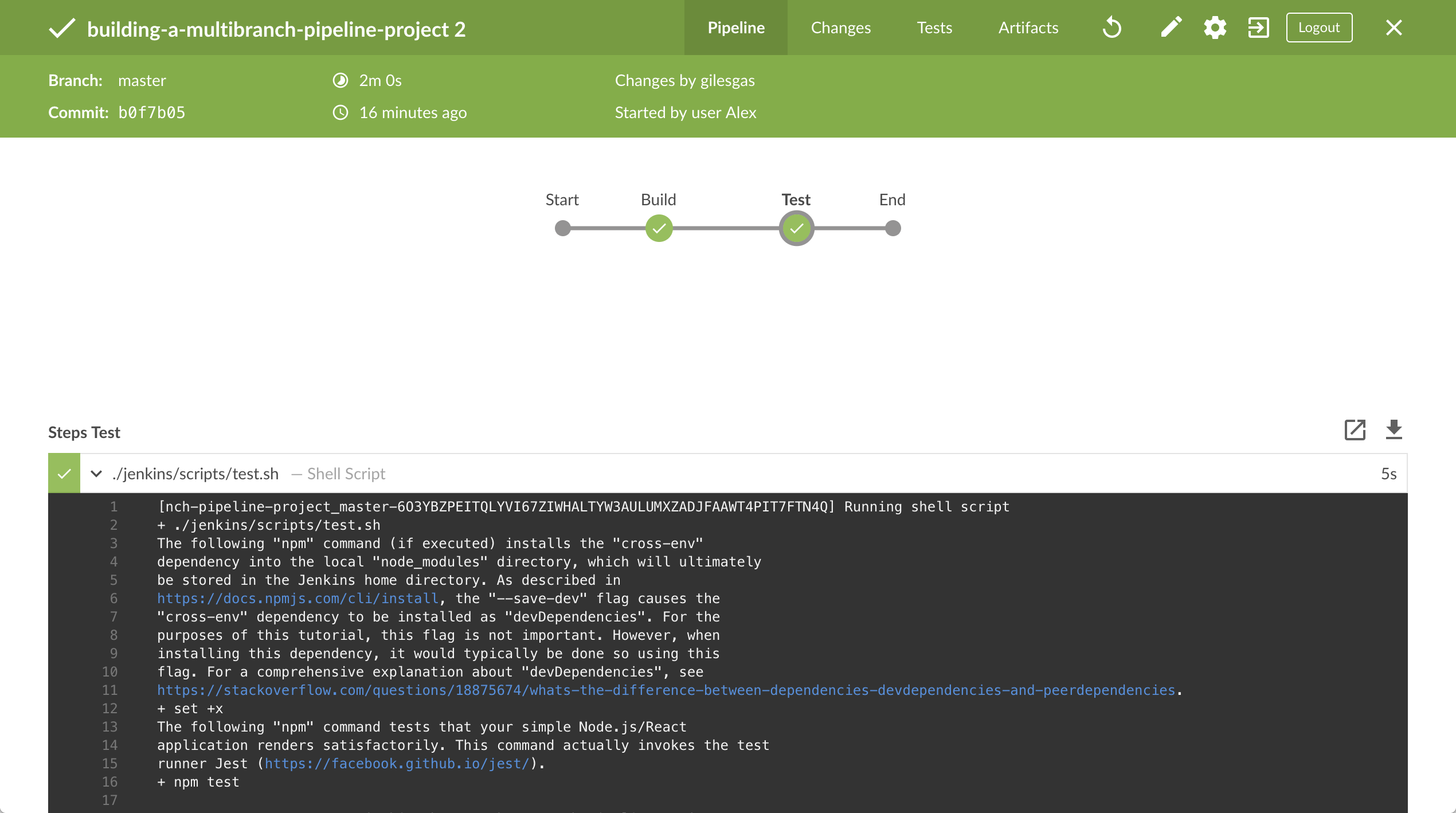 Build and test stages run successfully with output